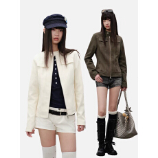 批发AUNP‘美式橄榄绿’纯棉立领复古修身夹克女甜酷辣妹工装外套女秋