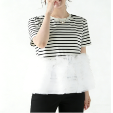 批发外贸跨境日系个性黑白条纹拼接褶皱网纱<b class='q'>裙摆</b>短袖T恤衫小衫女夏潮