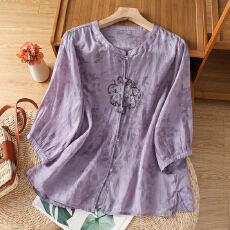批发实拍刺绣民族风不透肉文艺暗纹印花中袖气质<b class='q'>衬衣</b>