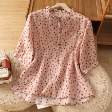 批发实拍新款苎麻波点<b class='q'>衬衣</b>休闲<b class='q'>宽松</b>木耳边立领<b class='q'>T</b>恤衫