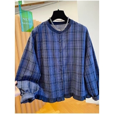 批发格子衬衫秋季宽松休闲圆领木耳边上衣女