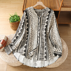 批发实拍印花v领长袖衬衫女新款高级感宽松显瘦通勤上衣