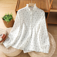 批发实拍双层棉纱长袖衬衫文艺碎花木耳边立领柔软亲肤纯棉打底上衣