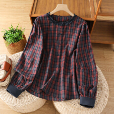 批发实拍格子花边领宽松时尚洋气百搭显瘦衬衣上衣