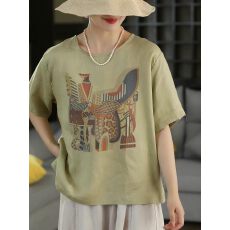 批发复古印花上衣女文艺圆领短袖套头衫休闲百搭T恤