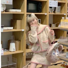 批发自制【软】草莓糯叽叽~软妹粉杏海军领针织外套 温柔半身裙套装