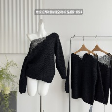 批发韩<b class='q'>雨</b>嘉黑色大圆领针织衫女秋季高级感不对称镂空宽松显瘦外套上衣