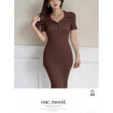 批发新款<b class='q'>欧美</b>风罗纹针织长连衣裙翻领短袖修身气质3471104