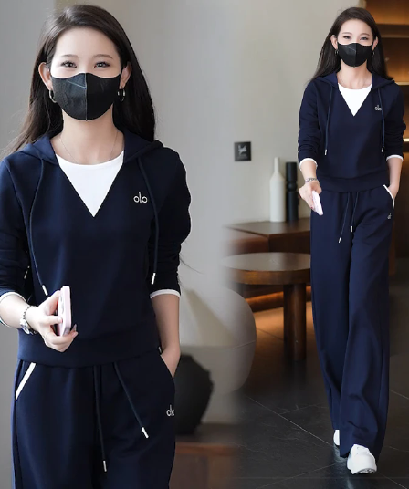 페이크 레이어드 배색 연령 감소 후드 한국 스타일 루즈핏 캐주얼 세트 와이드 레깅스 바지 2026 봄과 가을 옷 새로운 긴팔