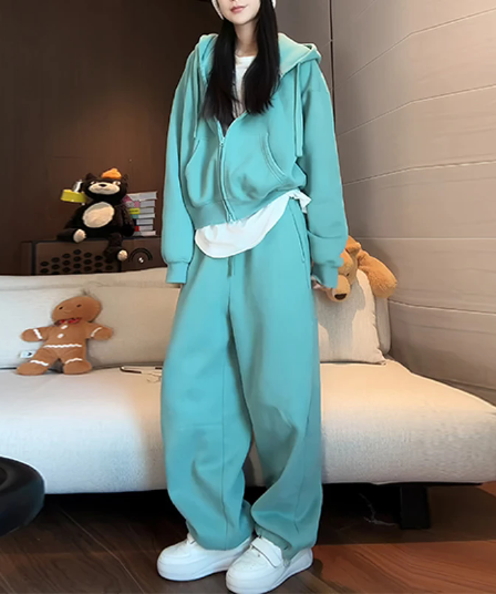 빙하 녹색 후드 지퍼 후드티 재킷 허리밴드 서있는 자르다 스트레이트 웨이 바지 패션 세트 여성 의류