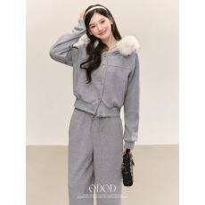批发韩系休闲卫衣套装灰色可拆卸毛领连帽外套宽松阔腿直筒卫裤