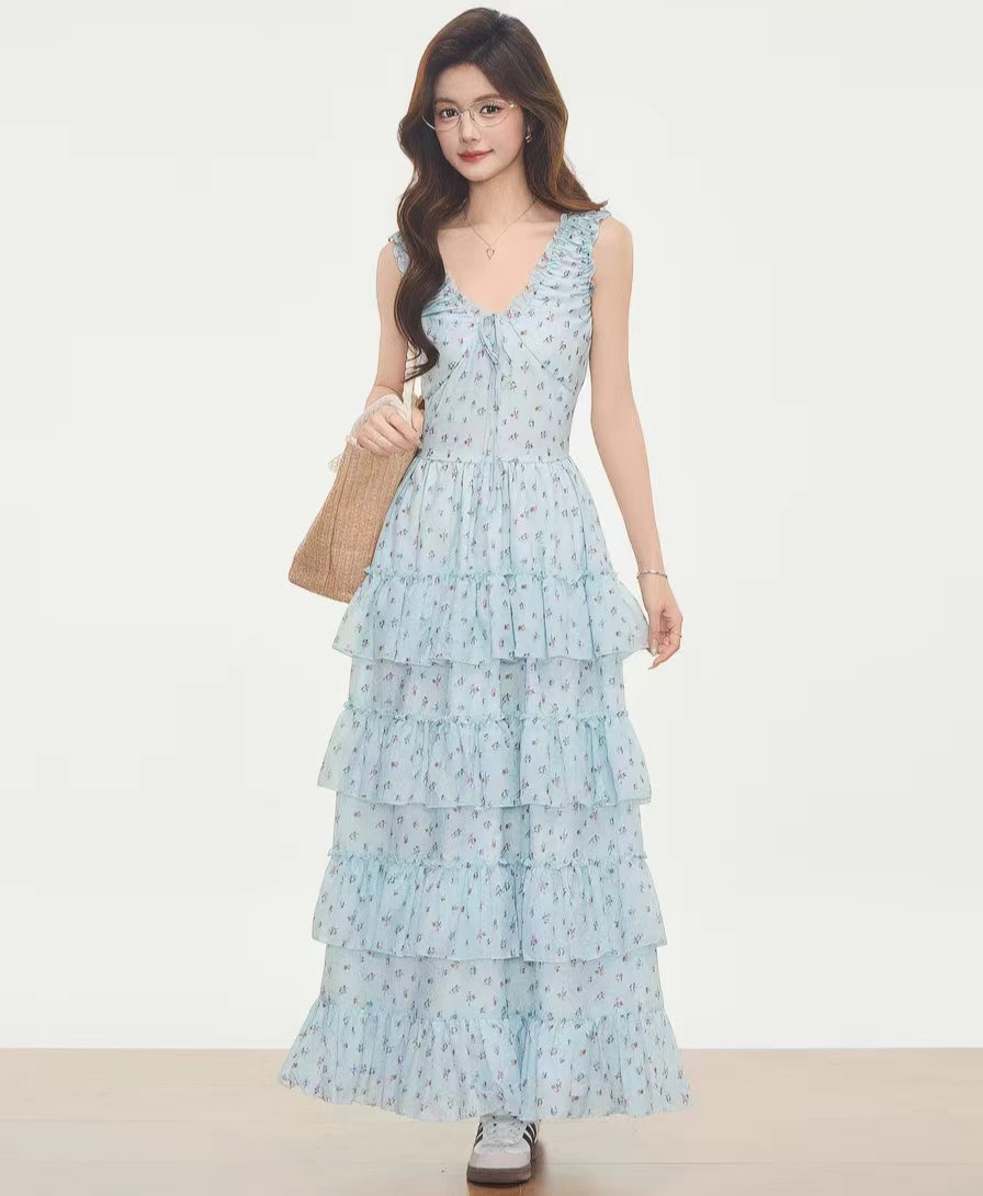 박하 녹색 꽃무늬 여성 드레스 여름 2026 새로운 작은 키 롱 스커트