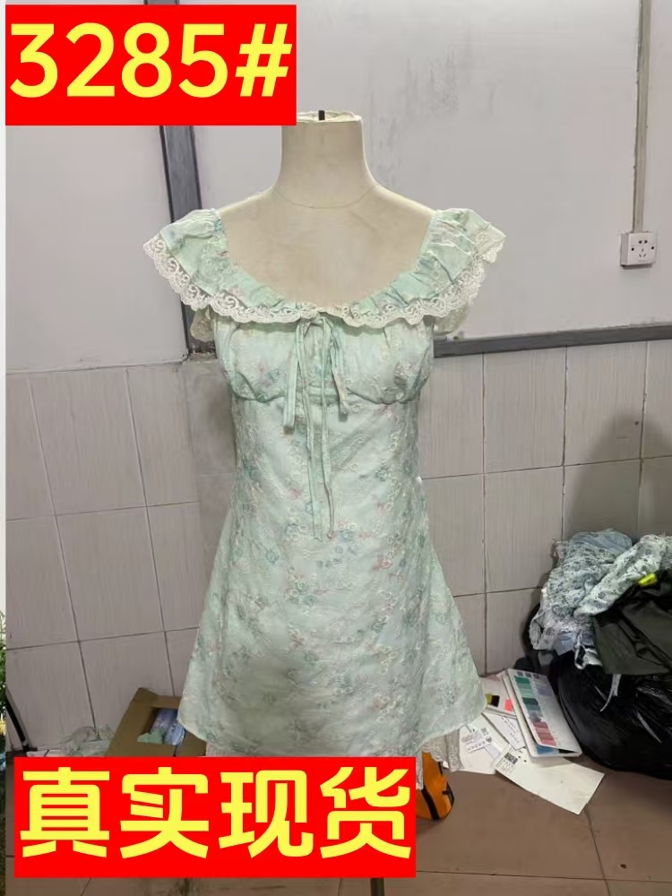 달콤함 박하 녹색 작은 날다 소매 허리 수축 퍼프 슬립 꽃무늬 여성 드레스 여름