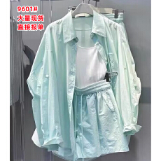 批发清纯系夏日穿搭绿色防晒衣<b class='q'>衬衫</b>短裤防晒服休闲运动套装女2025新款