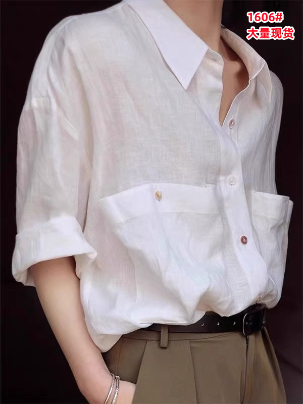 프랑스식 레트로 아마 POLO 칼라 화이트 여성 셔츠 여름 새로운 빅 포켓 디자인 루즈핏 반팔 셔츠 맨위