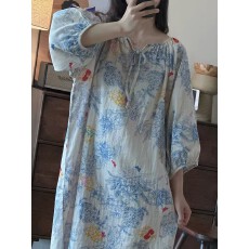 批发【上新】复古轻奢青花<b class='q'>纯棉</b>纱布<b class='q'>睡衣</b>舒适七分袖女可外穿高级感睡裙