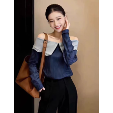 批发韩版<b class='q'>气质</b>休闲撞色一字肩条纹长袖<b class='q'>衬衫</b>2026春季新款巨好看百搭上衣