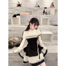 批发法式黑白六片裁收腰大摆秋冬A字短<b class='q'>连衣裙</b>