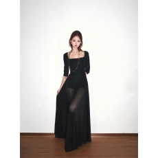 批发暗黑缪斯*大裙摆方领中袖自带<b class='q'>打底裤</b>透视裙摆连衣裙长裙