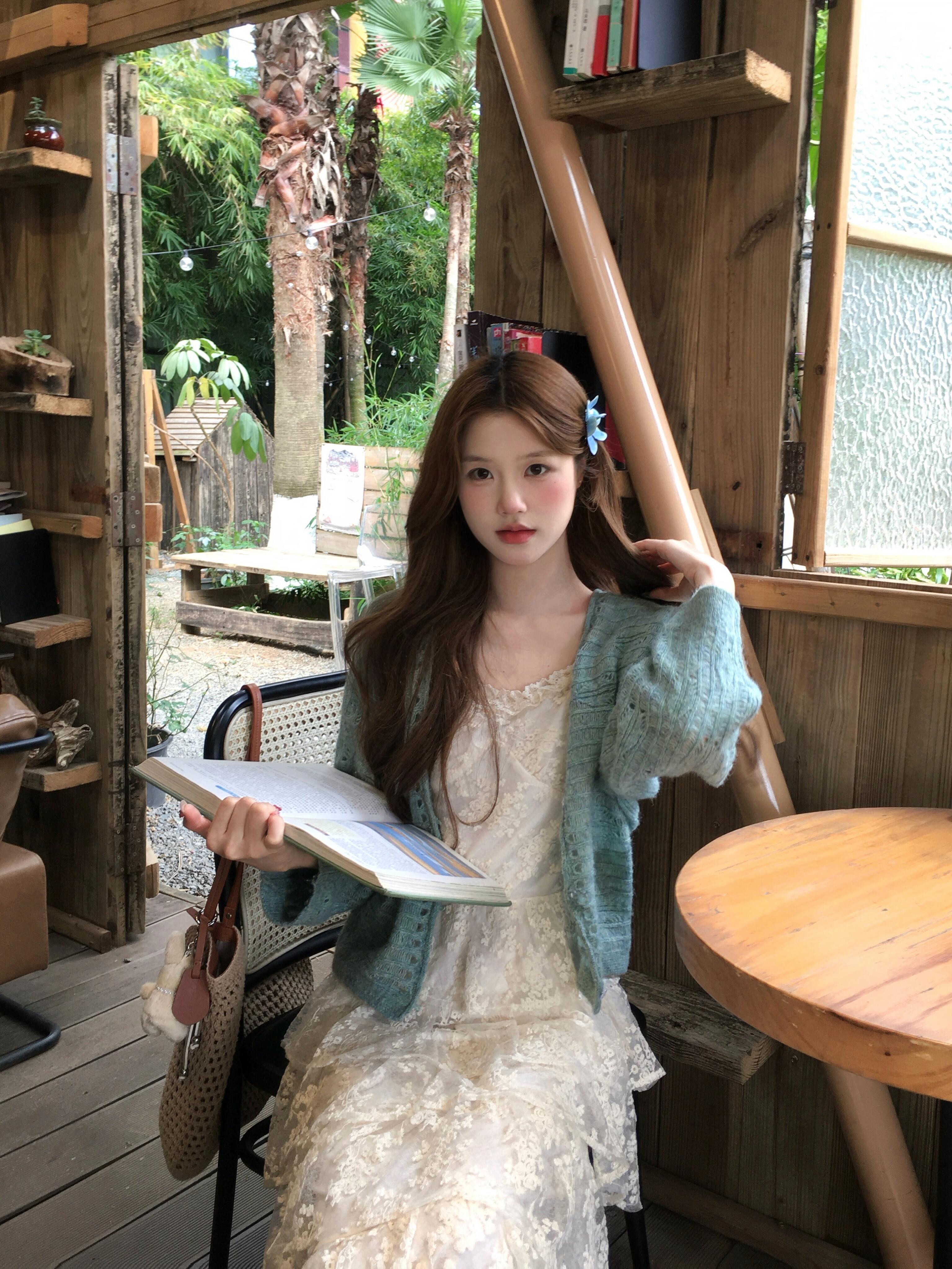 박하 녹색 스웨터 오픈 가디건 레이스 케이크 슬립 여성 드레스 봄 여름 새로운