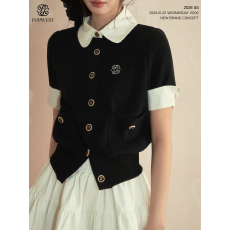 批发撞色拼接针织短袖开衫外套压褶A<b class='q'>字</b>伞<b class='q'>裙</b>中长<b class='q'>裙</b><b class='q'>学院风</b>套装