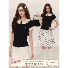 批发波点花边袖黑色短袖针织T恤女圆领修身<b class='q'>打底</b>衫早春小众<b class='q'>上衣</b>