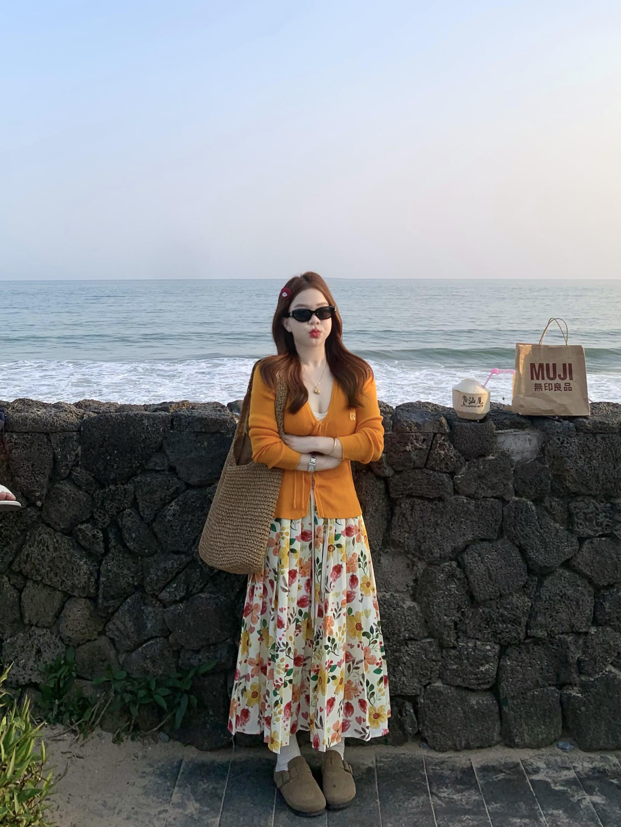 주황색 니트 오픈 가디건 여성 봄 아메리칸 레트로 레이스업 긴팔 몸매 가꾸기 맨위