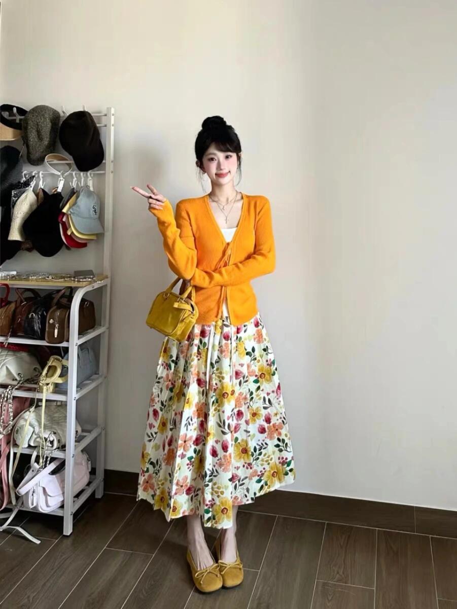 꽃무늬 치마 여성 봄 주황색 꽃 슬림해 보이는 하이웨이스트 다용도 롱 코트 반신 스커트
