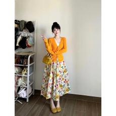 批发碎花裙女春橙色花朵显瘦高腰百搭<b class='q'>长款</b>半身裙