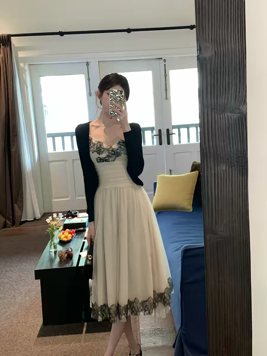 레이스 비밀 상황 섹시함 레이스 슬립 드레스 프랑스식 레이스 조각 허리 수축 망사 여성 드레스