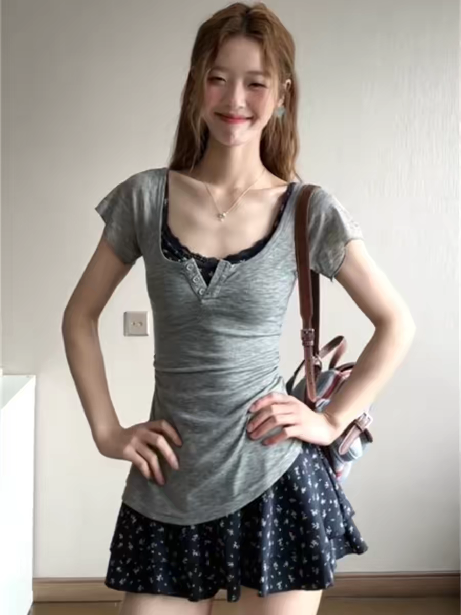 순수한 욕망 달콤한 핫걸 광장 칼라 반팔 티셔츠 여성 여름 새로운 레이스 조각 꽃무늬 슬립 드레스 투피스 세트