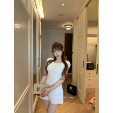 批发【长岛香茉莉】白色<b class='q'>荷叶边</b>短袖收腰<b class='q'>连衣裙</b>女春夏a字短裙