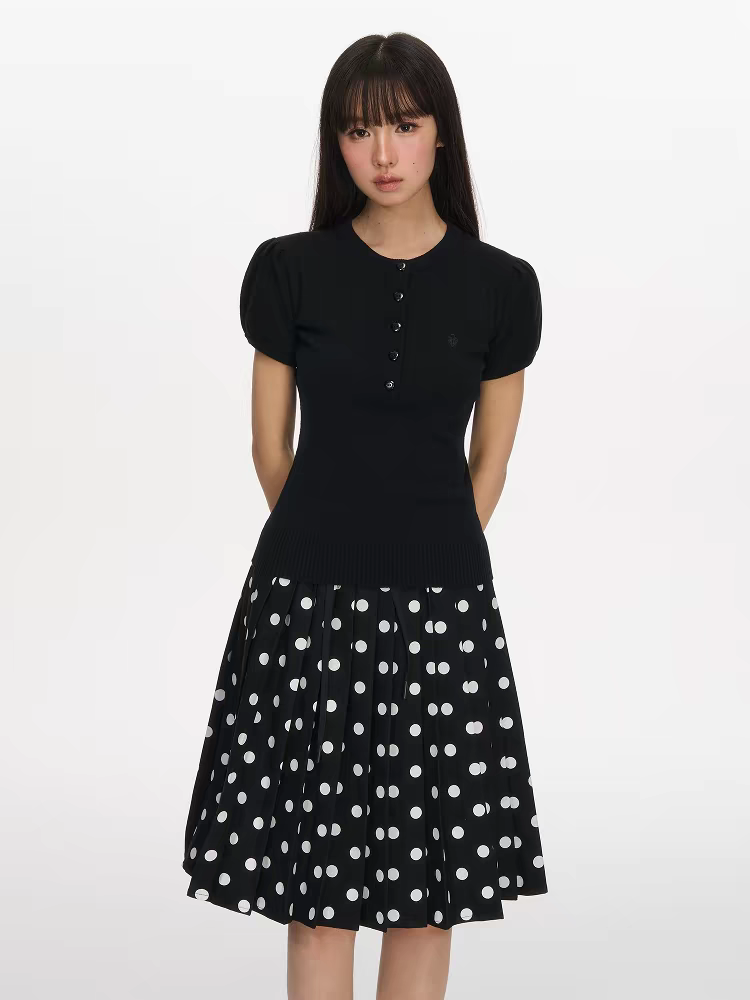 검정색 모직물 반팔 티셔츠 하트 자물쇠 자수 디자인 봄 여름 새로운 헨리 칼라 허리 수축 맨위 여성