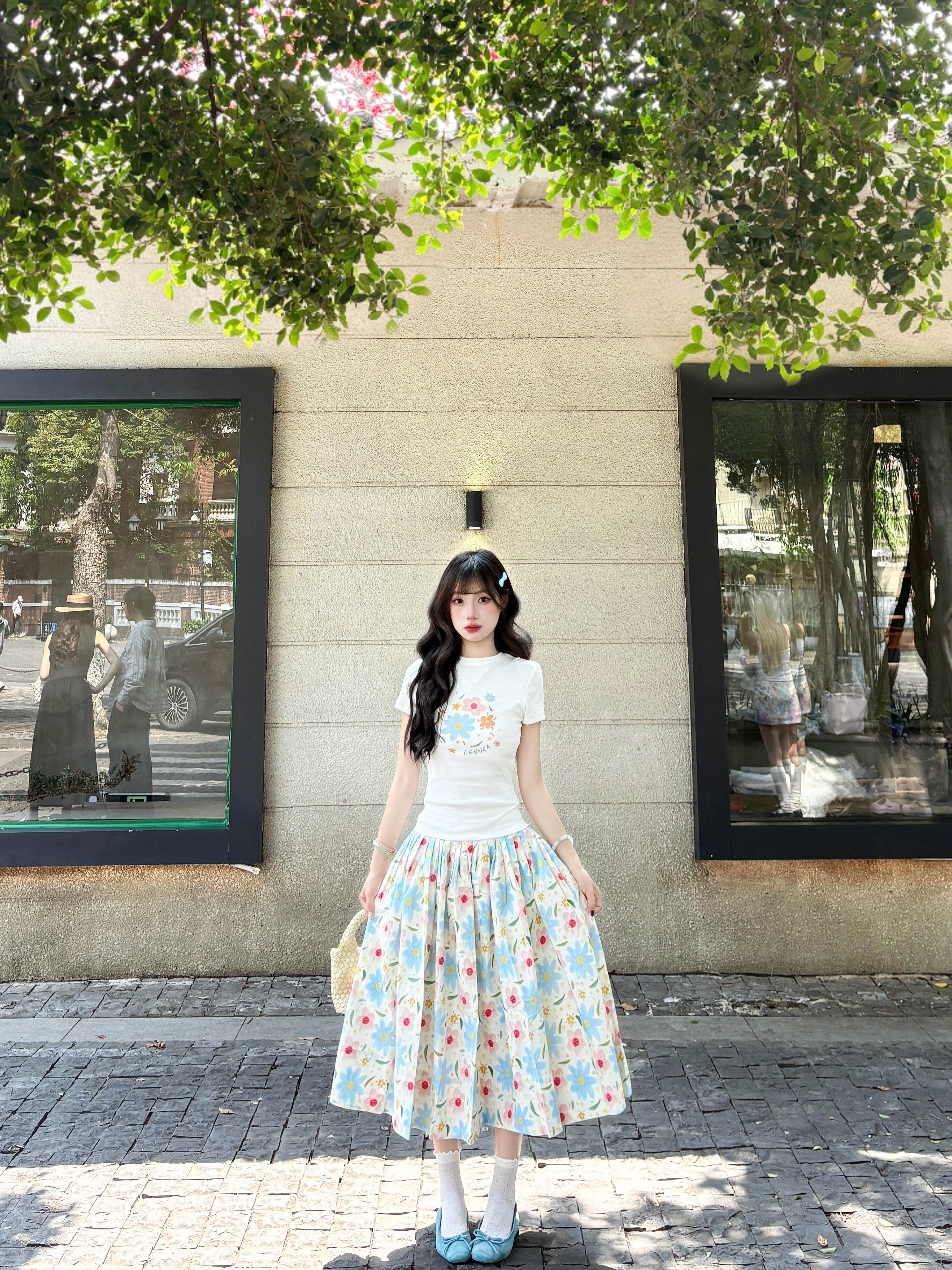 꽃 반팔 프린트 티셔츠 꽃무늬 플리츠 반신 스커트 달콤함 초여름 고유 한 아름다운 작은 세트 여성