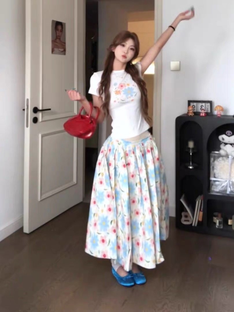 한 부서 새로운 연령 감소 프린트 긍정적 인 어깨 반팔 티셔츠 여성 하이웨이스트 다채로운 꽃무늬 반신 스커트