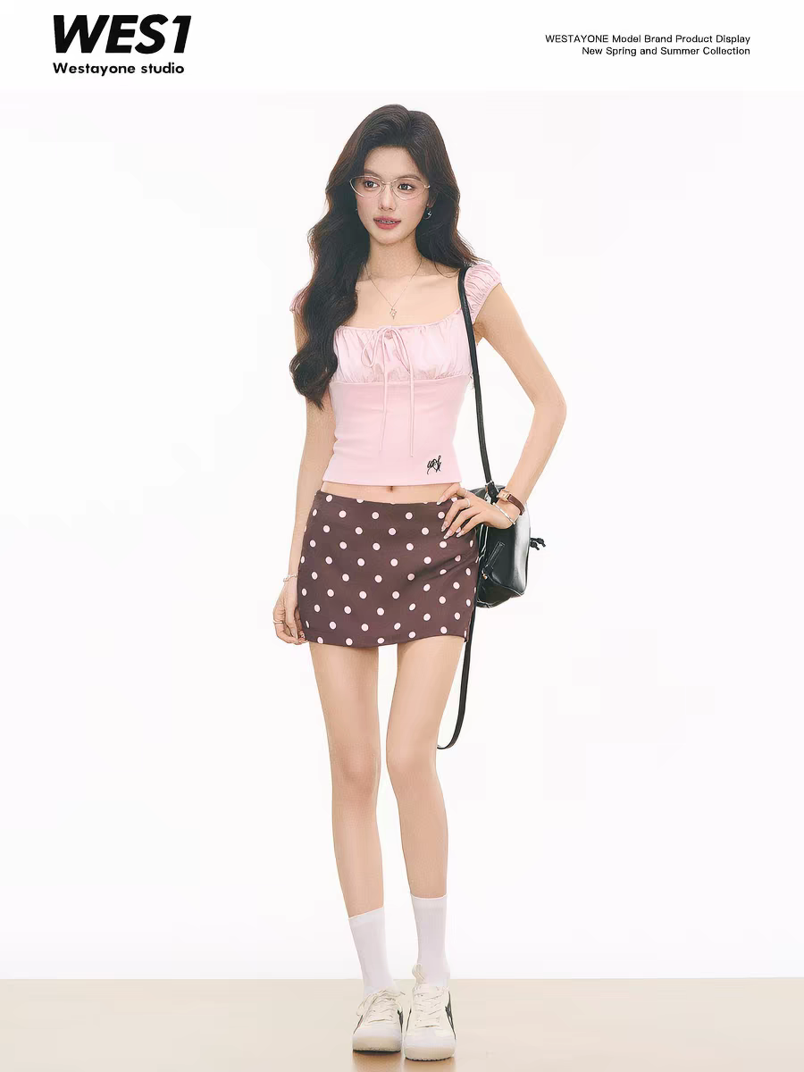 핑크색 니트 패치워크 레이스업 반팔 맨위 t+ 도트 무늬 반신 미니 스커트