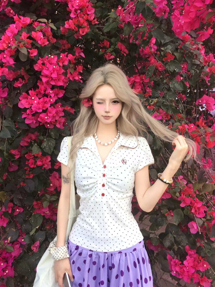 오리지널 레트로 도트 무늬 POLO 칼라 반팔 티셔츠 여성 여름 몸매 가꾸기 아름다운 아름다운 긍정적 인 어깨 작은 맨위