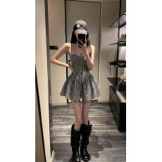 批发黑白格子连衣裙女收腰显瘦小个子吊带裙A字短裙