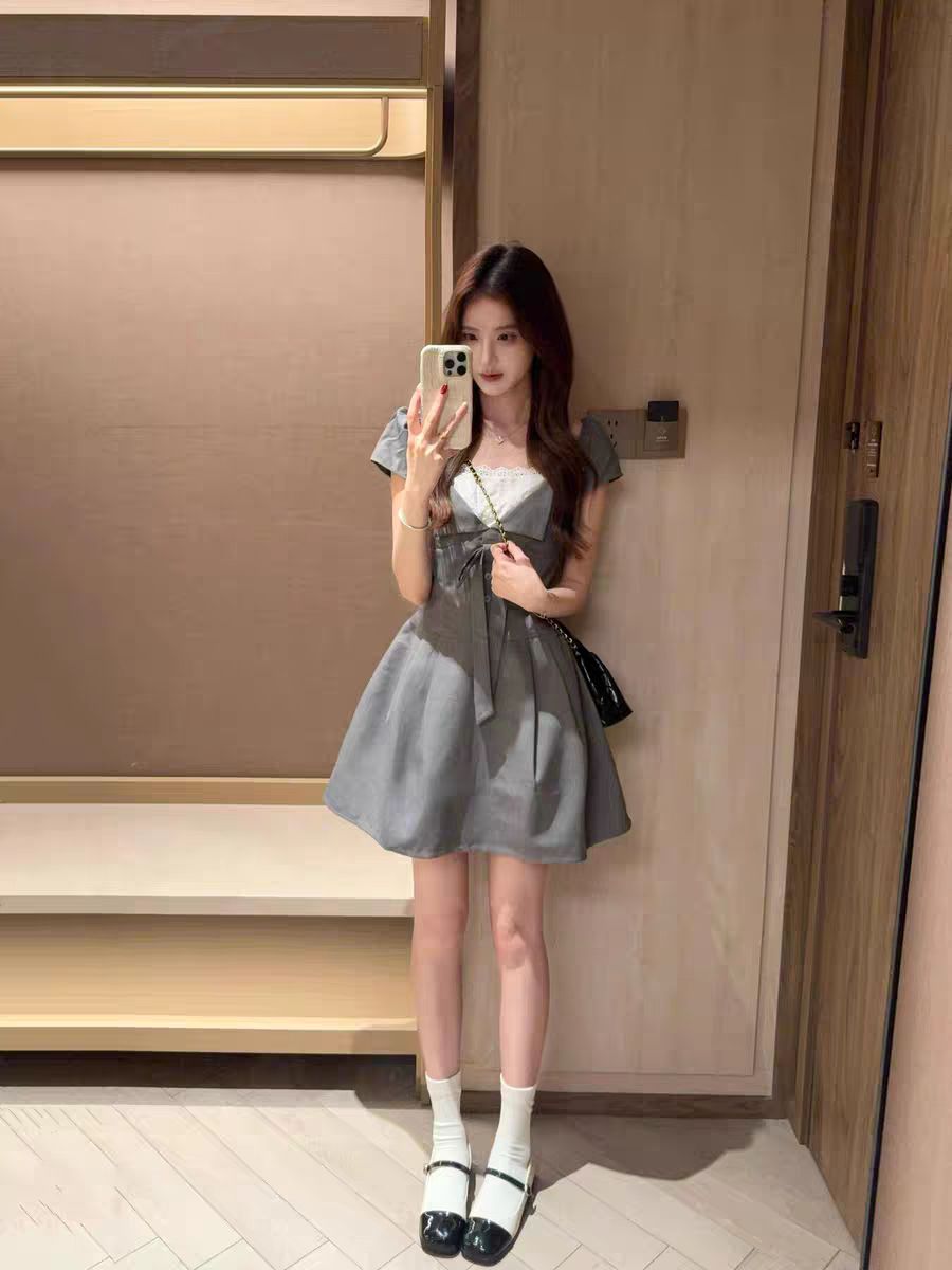 여름 달콤함 폴로 칼라 나비 매듭 드레스 배색 패치워크 허리 수축 몸매 가꾸기 A라인 스커트
