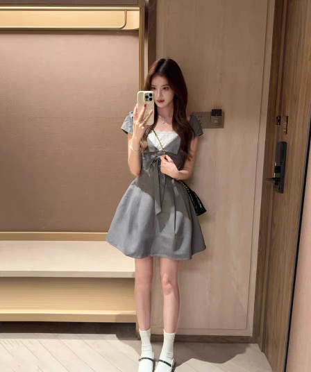 여름 달콤함 폴로 칼라 나비 매듭 드레스 배색 패치워크 허리 수축 몸매 가꾸기 A라인 스커트