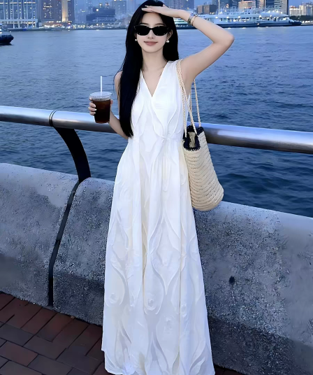 순수한 하얀 달빛 V넥 민소매 화이트 여성 드레스 올해 슈퍼 잘 생긴 패션 품격 작은 어린이 길이 치마