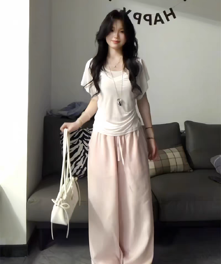 여름 부드러운 달콤함 행침 목 조끼 맨위 세트 여자 작은 아이들 긍정적 인 어깨 티셔츠 와이드 레그 팬츠 투피스 세트