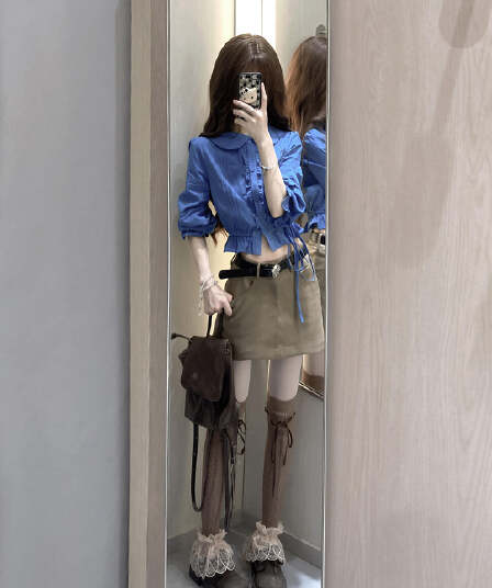 pop 한 부서 허리 수축 출퇴근 쇼트 스타일 단색 여성 셔츠 몸매 가꾸기 베이비 칼라 중간 소매 셔츠 맨위