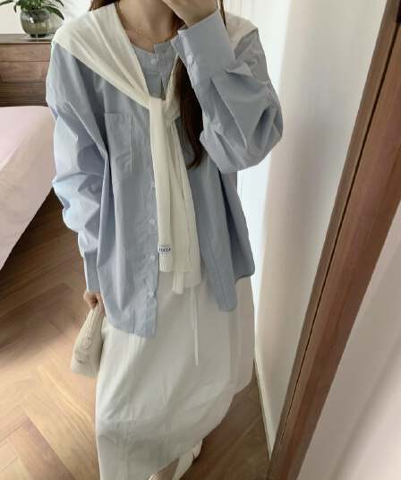 미니멀리즘 고급 센스 하늘 블루 셔츠 여성 긴 소매 봄 가을 새로운 루즈핏 슬림해 보이는 캐주얼 다용도 셔츠