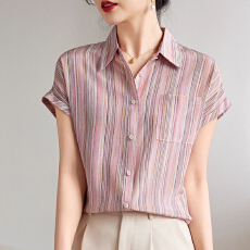批发杭州品牌双绉真丝<b class='q'>衬衫</b>女短袖2025夏装新款时尚条纹小衫桑蚕丝上衣