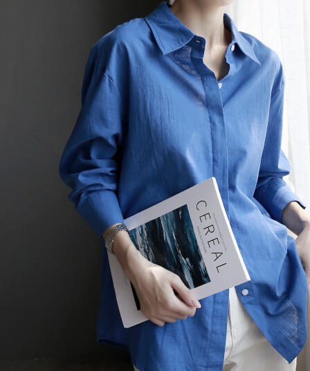 봄 여름 프랑스식 바다색 여성 셔츠 얇은 스타일 루즈핏 품격 오래된 돈 바람 고급 센스 면 린넨 자외선 차단 셔츠