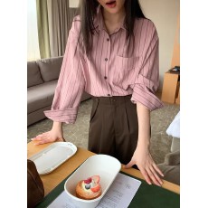批发你好卡农 韩系雾面感条纹<b class='q'>衬衫</b>女春秋新款宽松设计感长袖粉色<b class='q'>衬衣</b>