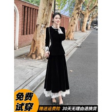 批发冬季穿搭一整套高级感韩系超好看丝绒<b class='q'>蕾丝</b>上衣半身裙两件套装时尚