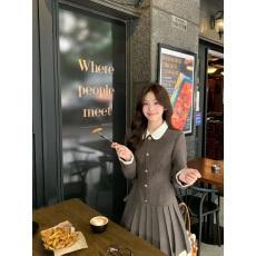 批发Even一雯凛冬恋歌韩系高智感假两件棕色秋冬小个子收腰百褶裙