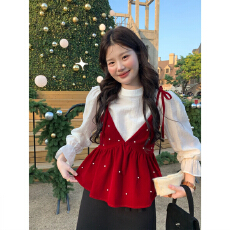 批发韩系气质法式高级感衬衣喇叭袖上衣+珍珠v领<b class='q'>丝绒</b>吊带上衣<b class='q'>套装</b>